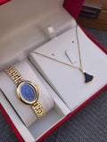 Montre dorée cadran bleu et collier pendentif _ Darb Shop